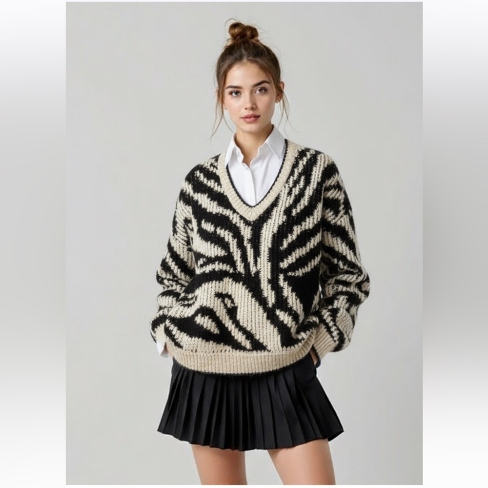 Chunky V-Neck Zebra Print Sweater in Black and Cream
